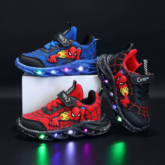 Disney LED Casual Sneakers Red Black For Spring Boys Mesh Outdoor Shoes Children Lighted Non-slip Shoes Size 21-30