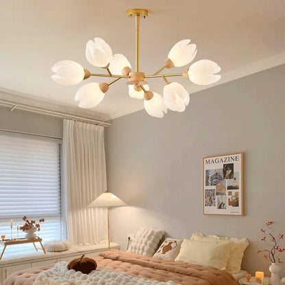 Nordic Wooden Chandelier For Living Room Bedroom Kitchen Home Decoration Golden Branching Ceiling Pendant Lamp Flower LED Light