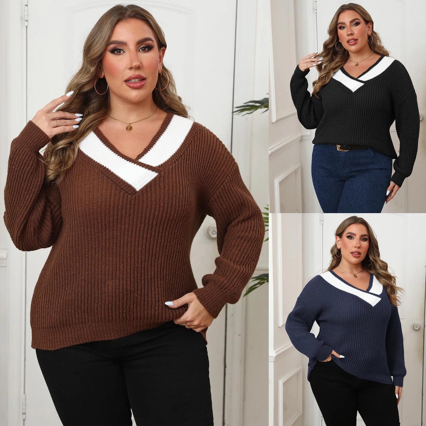 plus size women's clothing contrasting color splicing bottoming shirt large V-neck woven sweater pullover sweater women