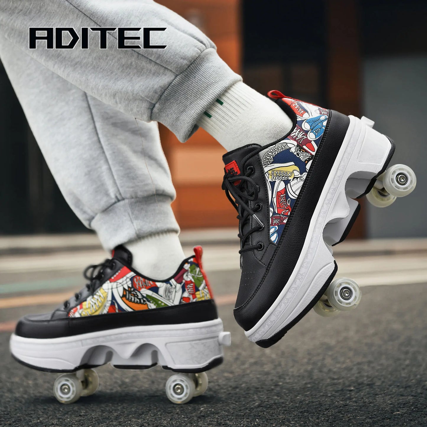 Deformation Roller Skates Shoes Double Row 4-Wheel Skates Roller Shoes with Wheels Dual-Purpose Roller Sneakers Skateboard Shoes