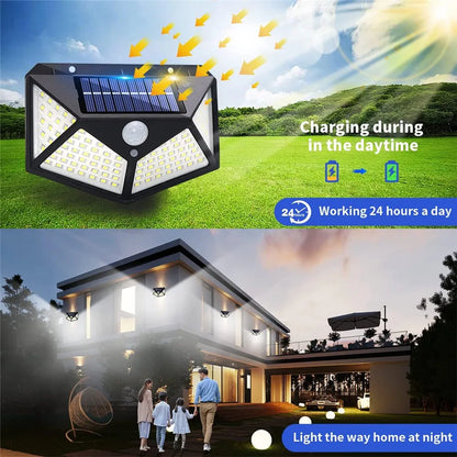 1/2PCS100 LED Solar Wall Lights Outdoor IP65 Waterproof With Motion Sensor 4 Sides Luminous Patio Garage Stairs Security Light