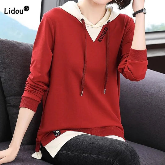 Female Fashion Casual Solid Color Spliced Hooded T-shirt Autumn New Commute Simplicity Fake Two Pieces Tops Women's Clothing