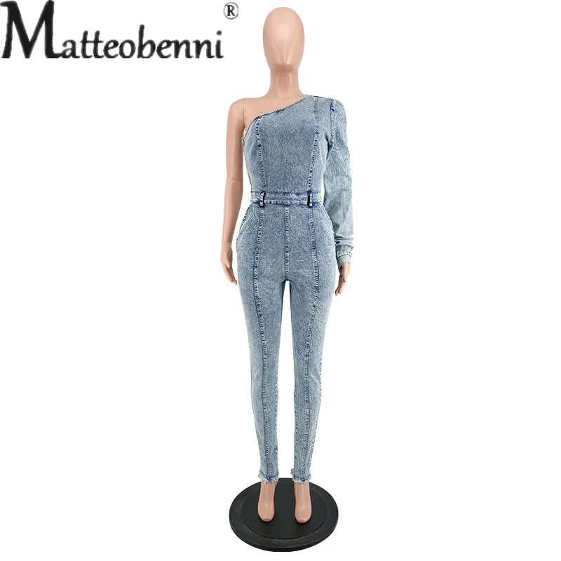 Women's 2023 Autumn Single Sleeved Off Shoulder Slim Fit Jumpsuit Light Blue Jeans Splicing Pocket Casual Denim Clothing Female