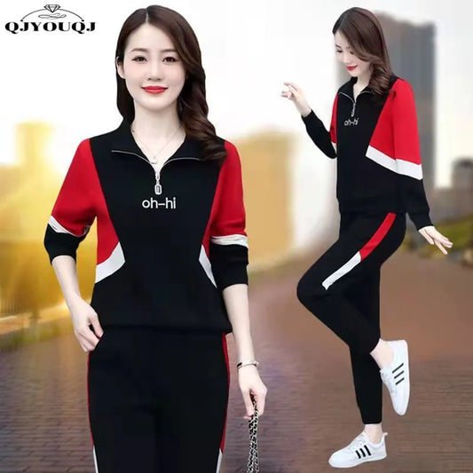 Women's Set 2024 Spring and Autumn Season New Age Reducing Stand Up Neck Loose Casual Sports Two Piece Set