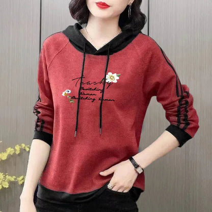 Spring and Autumn Women's Pullover Long Sleeve Hooded Print Stripe Letter Panel Drawstring Graphic Loose Fashion Casual Sweaters