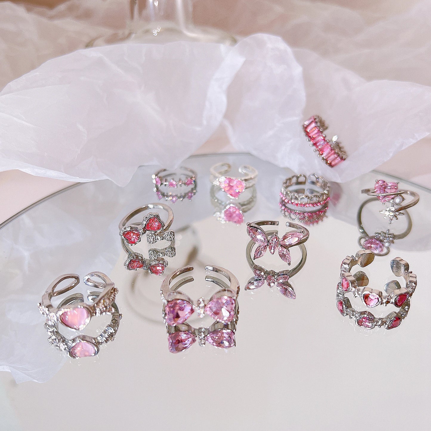 Y2K Pink Crystal Rings for Women - Heart Bowknot & Butterfly Design