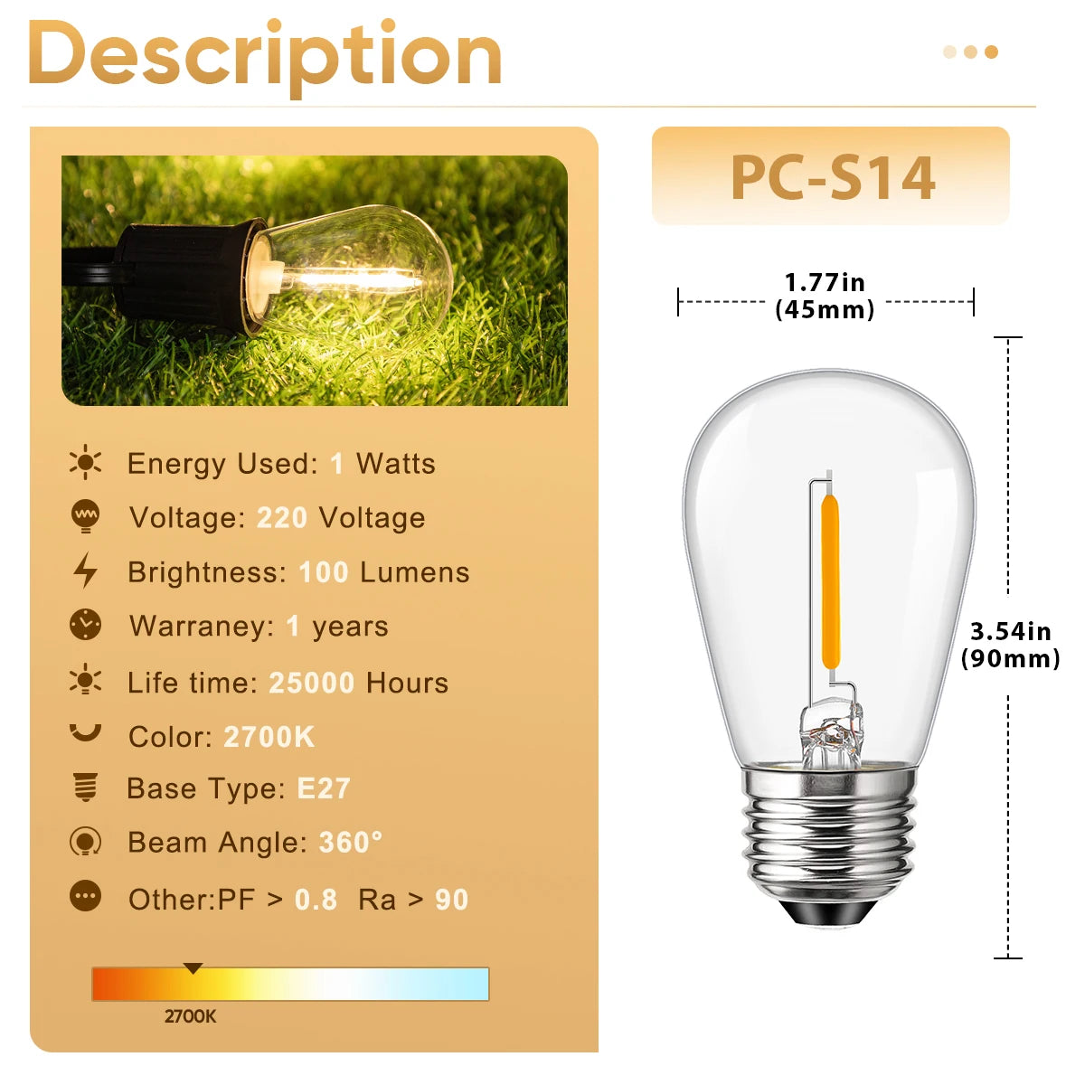 Shatterproof S14 Led Bulb E27 220V 1W Ampoules Plastic Warm White Waterproof Filament Lamp Garden Street Garland Decoration Home