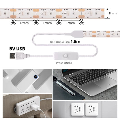 5V USB LED Strip With Hand Sweep Sensor/Touch Dimmer/ON OFF Switch 1M 5M Light Tape Decoration Ribbon for Kitchen Room Backlight