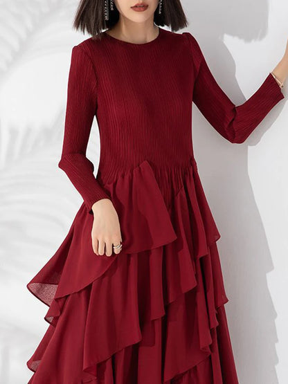 LANMREM Ruffles Pleated Dress Women's Round Neck Long Sleeves Layers Solid Color Stitching Party Clothing New Trendy 2DA2217