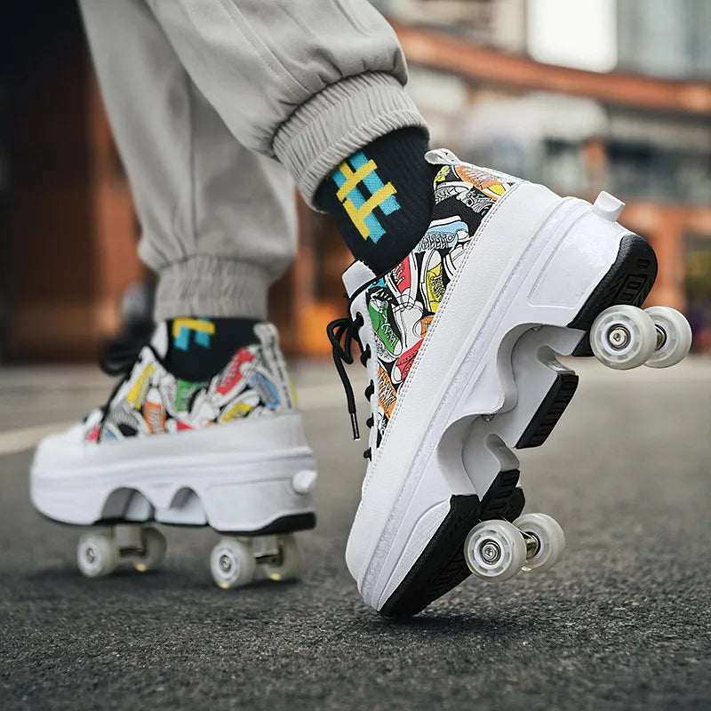 Deformation Roller Skates Shoes Double Row 4-Wheel Skates Roller Shoes with Wheels Dual-Purpose Roller Sneakers Skateboard Shoes