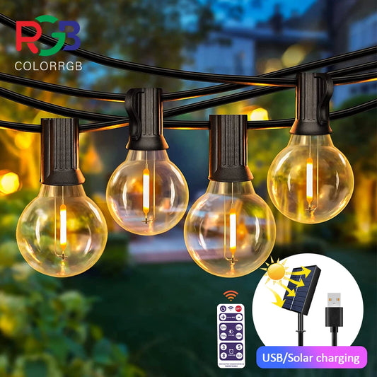 12M 30 LEDS  G40 Solar String Lights Outdoor Patio Lights Solar & USB Powered Waterproof Globe Hanging Lights with Shatterproof