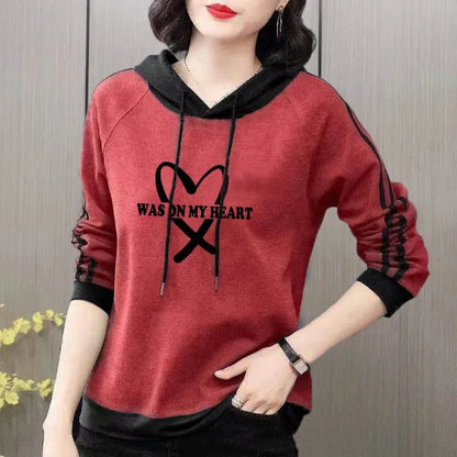 Spring and Autumn Women's Pullover Long Sleeve Hooded Print Stripe Letter Panel Drawstring Graphic Loose Fashion Casual Sweaters