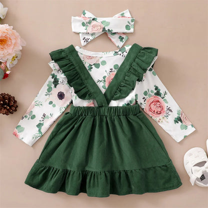 0-12Months Newborn Baby Girl 3PCS Clothes Set Floral Long Sleeve Top+Suspender Skirt+Headwear Fashion Spring&Autumn Daily Outfit.