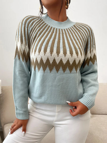 ONELINK Plus Size Women's Sweater Brown Blue Geometric Print Crew Neck Knitting Pullover Long Sleeve Flat Stitch Oversize Top