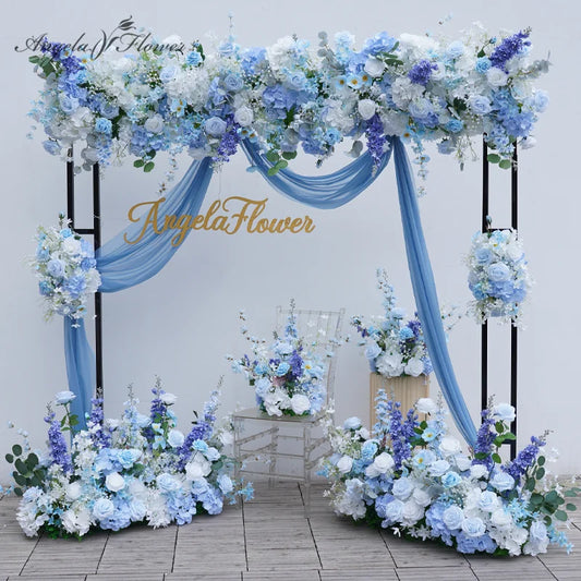 Romantic Blue Wedding Backdrop Arch Decor Rose Babybreath Floral Arrangement Stage Floor Row Curtain Flower Event Supplies A8799