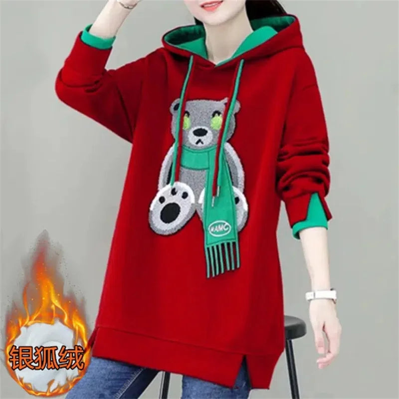 Plus Velvet Fashion Cartoon Hoodie Women's 2023 Autumn Winter Thick Loose Top Casual Embroidery Splicing Coat Sports Shirt Femal