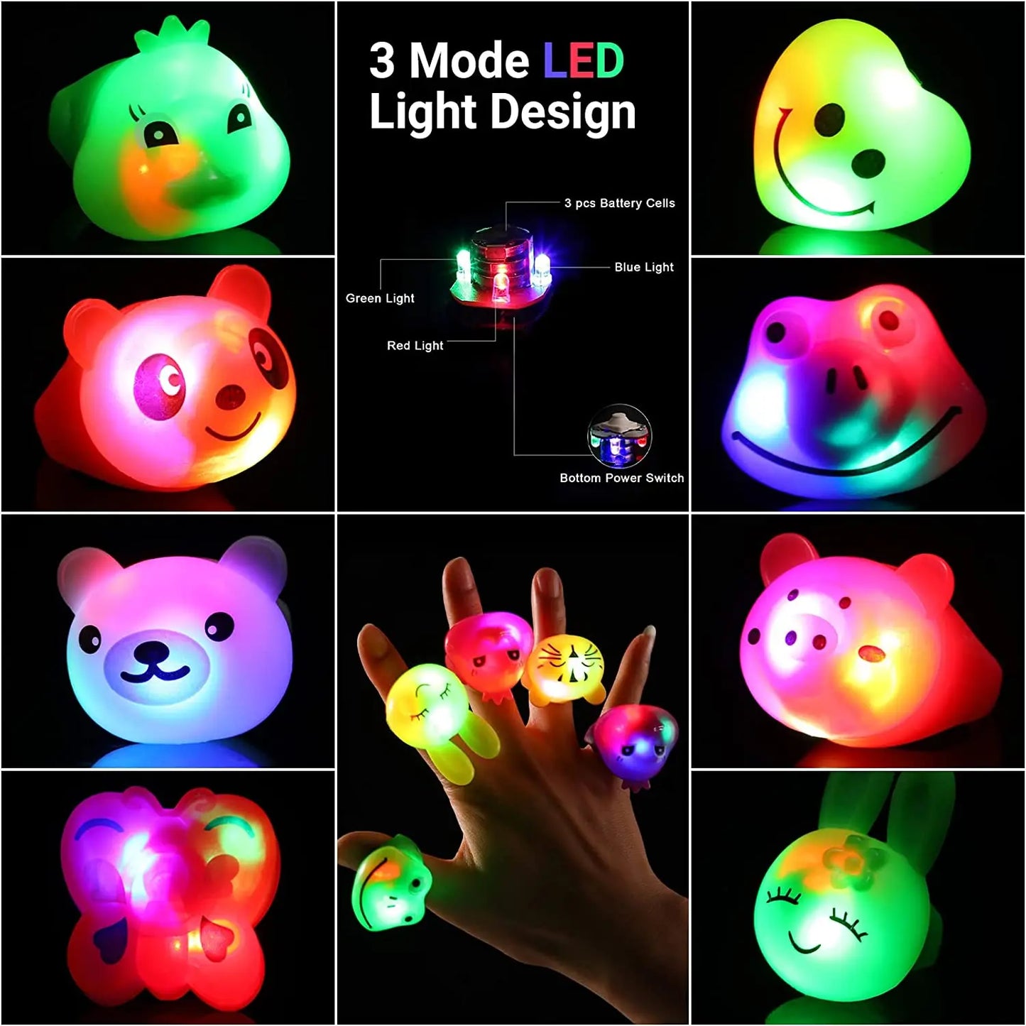 36Pcs LED Light Up Ring Bumpy Rings Flashing LED Bumpy Jelly Ring Light-Up Toy Birthday Rewards Treasure Toy Glow Party Supplies