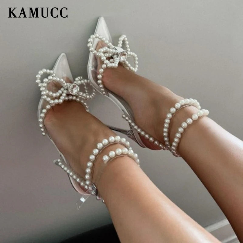 Women High Heel Sandals Rhinestone Woman Pumps Pearl Crystal Bowknot Ankle Strap Ladies Prom Shoes Women Female Footwear