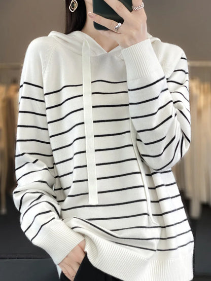 New Striped Wool Hoodies And Sweatshirts For Women Long Sleeve Sweaters Knitted Jumpers Female Outerwears Fashion Hoody Clothing