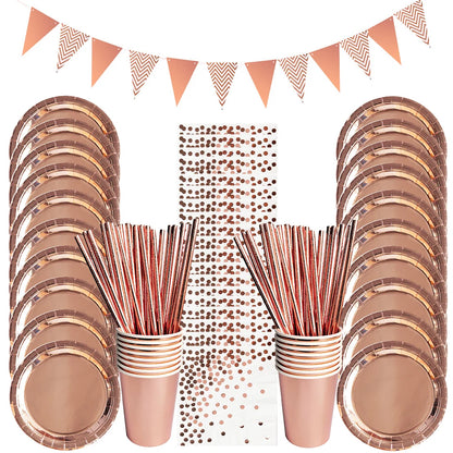 Rose Gold Disposable Tableware Party Table Decoration Paper Cups Plates Straws Wedding Birthday Party Tableware Supplies