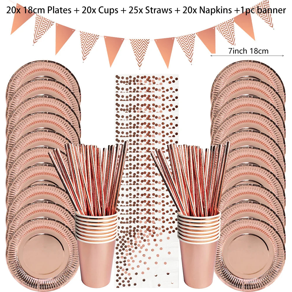 Rose Gold Disposable Tableware Party Table Decoration Paper Cups Plates Straws Wedding Birthday Party Tableware Supplies