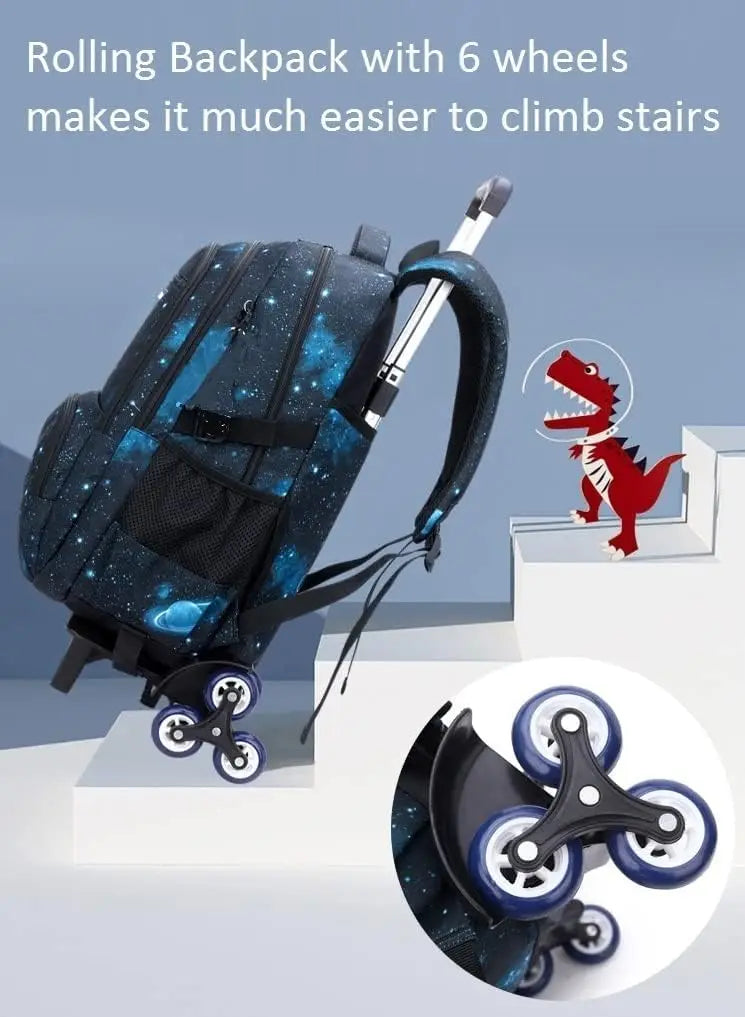 Kids School Bag With Wheels Rolling Backpack for Boy Wheeled School Bag 6 Wheels Trolley Bookbag Carry on Luggage with Lunch Bag