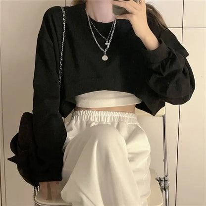 MEXZT Streetwear Women Sexy Solid Cropped Sweatshirts Oversize Loose Harajuku BF Pullovers Spring Korean Chic Casual Y2k Tops