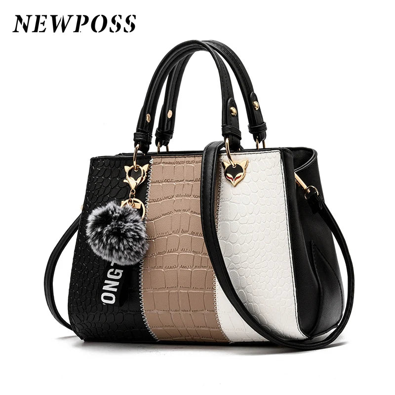 Newposs Women's Handbags Leather Stitching Wild Bags for Women 2022 Casual Tote Ladies Bags Bolsos Fur Women Messenger Bags