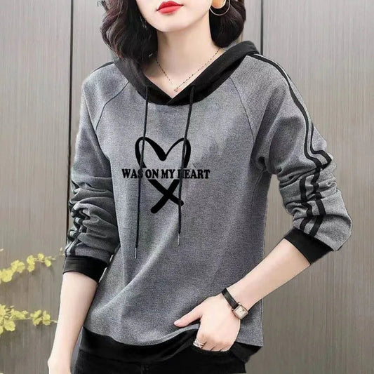 Spring and Autumn Women's Pullover Long Sleeve Hooded Print Stripe Letter Panel Drawstring Graphic Loose Fashion Casual Sweaters