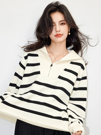 Women's Autumn Winter New Fashion Retro Lapel Half Zipper Contrasting Stripes Sweater Casual Long Sleeved Loose Knitted Coat