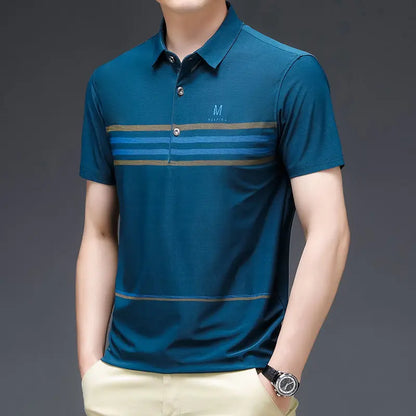 Summer Polo-Neck Slim Short Sleeve Men T Shirt Multicolor Striped Breathable Comfortable Business Basic Polo Men Clothing 2023