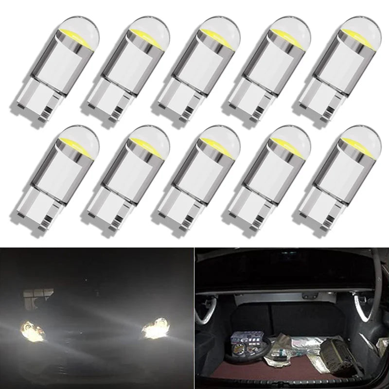 10pcs Car LED Bulb Signal Light COB T10 W5W 5W5 12V 7000K White Blue Auto Interior Dome Reading Door Maps License Plate Lamps