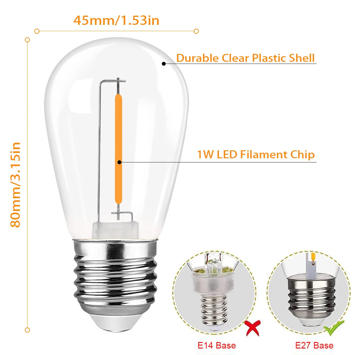 Genixgreen S14 1W Led Filament Dimmable Light Bulbs 2700K ST45 Plastic IP44 Waterproof Outdoor String Light E27 Edison Lamp Bulb