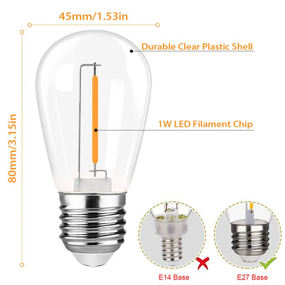 Genixgreen S14 1W Led Filament Dimmable Light Bulbs 2700K ST45 Plastic IP44 Waterproof Outdoor String Light E27 Edison Lamp Bulb