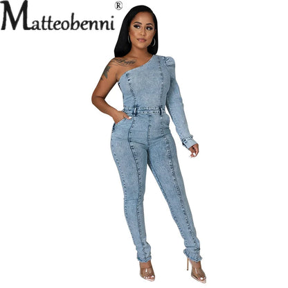 Women's 2023 Autumn Single Sleeved Off Shoulder Slim Fit Jumpsuit Light Blue Jeans Splicing Pocket Casual Denim Clothing Female