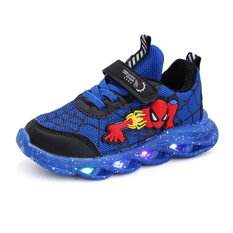 Spring Autumn Boys Spiderman Mesh Breathable Sport Shoes Disney LED Children's Sneakers Kids Casual Shoes Light Shoes for 0-6Y