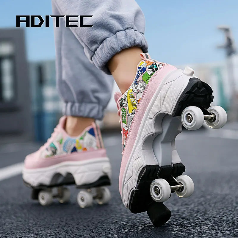 Deformation Roller Skates Shoes Double Row 4-Wheel Skates Roller Shoes with Wheels Dual-Purpose Roller Sneakers Skateboard Shoes