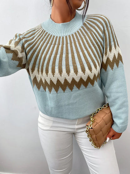 ONELINK Plus Size Women's Sweater Brown Blue Geometric Print Crew Neck Knitting Pullover Long Sleeve Flat Stitch Oversize Top