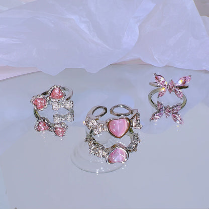 Y2K Pink Crystal Rings for Women - Heart Bowknot & Butterfly Design