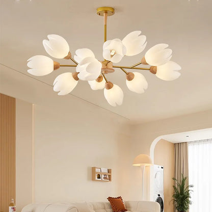 Nordic Wooden Chandelier For Living Room Bedroom Kitchen Home Decoration Golden Branching Ceiling Pendant Lamp Flower LED Light