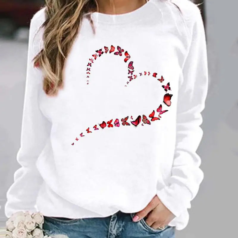 Ladies Spring Autumn Winter Hoodies Woman Female O-neck Casual Sweatshirts Pullovers Womens Butterfly Love Heart Cute Clothing