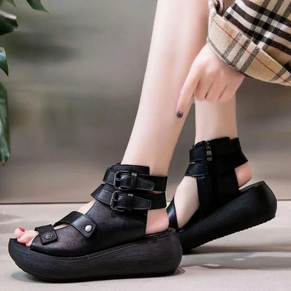 Women Summer Sandals Mid Heels Wedges Shoes Ladies Vintage Leather Plus Size 40 Sandalias Mujer Sapato Feminino Fashion Footwear