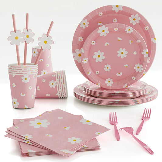 Pink Daisy Paper Disposable Tableware Set Plate Napkin Cup Fork Wedding Mother's Day Girls Birthday Party Supplies Baby Shower