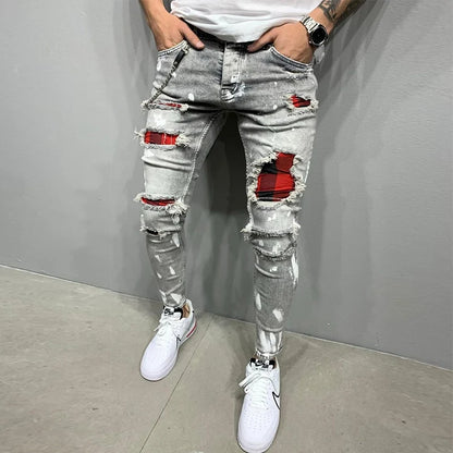 New Men's Skinny Ripped Jeans Fashion Grid Hole Endothecium Patches Slim Fit Stretch Casual Denim Pencil Pants Jogging Trousers