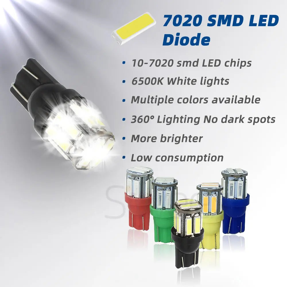 4Pcs W5W 10-7020 SMD Car T10 LED 194 168 Wedge Replacement Reverse Instrument Panel Lamp White Blue Bulbs For Clearance Lights