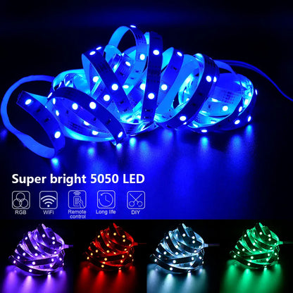 WIFI USB RGB 5050 Bluetooth LED Strip Light, 1m-10m Music Sync 5V Flexible Ribbon Alexa Smart Lights Strip for Party Room Deco