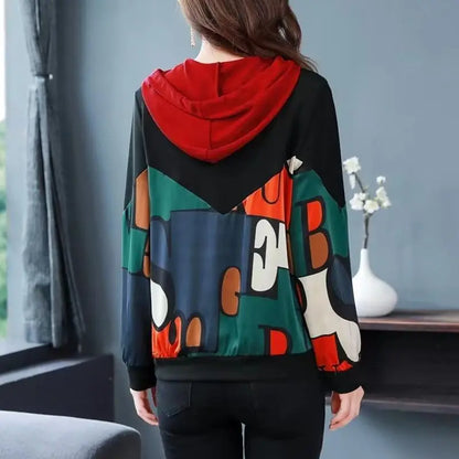 Women's Pullover Drawstring Hooded Patchwork Long Sleeve New Sweater Autumn and Winter Loose Printed Diamonds Letter Casual Tops