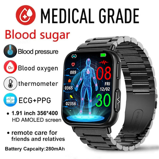 2024 New Blood Sugar Smartwatch Men 1.91 inch 365*400 HD Screen ECG+PPG Smart Watch Monitoring Non-invasive Blood Glucose Watch