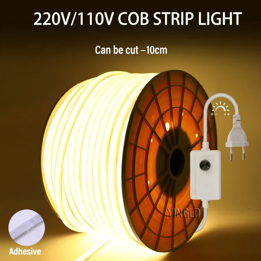 High Bright 220V COB LED Strip Light 110v Switch/Dimmable RA90 Flexible Neon Tape Kitchen Cabinet  lighting Waterproof Garden