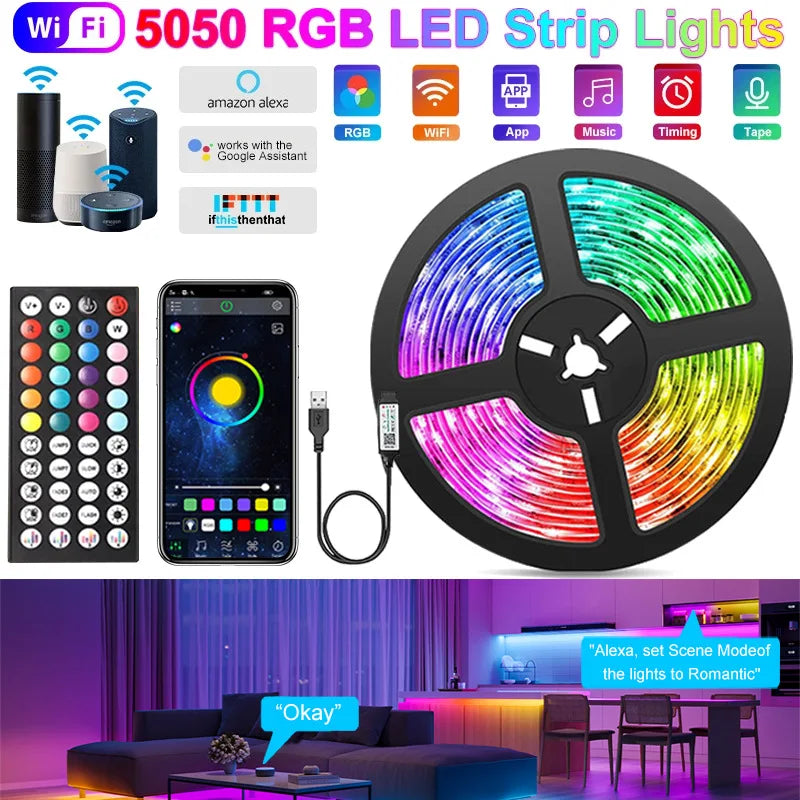 WIFI USB RGB 5050 Bluetooth LED Strip Light, 1m-10m Music Sync 5V Flexible Ribbon Alexa Smart Lights Strip for Party Room Deco